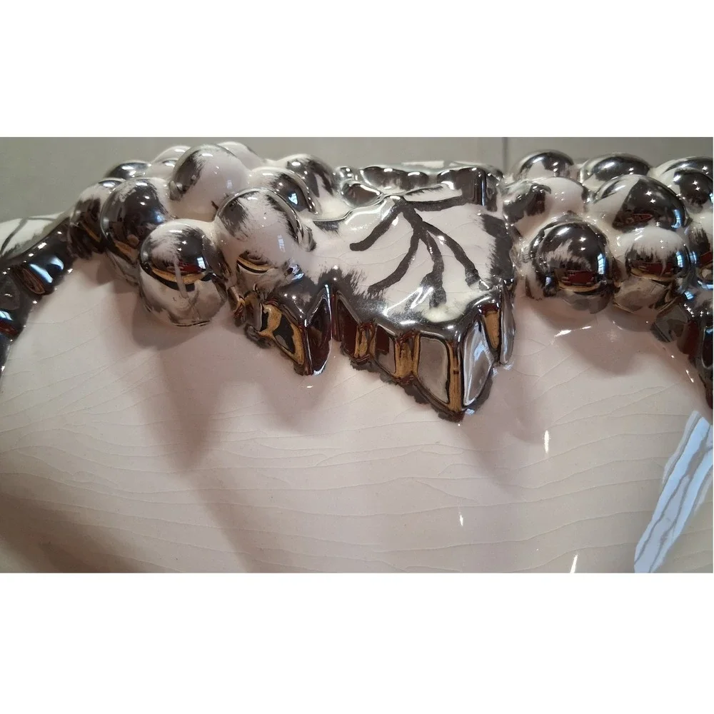 Vintage Arnels Ceramic Wall Pocket Planter Silver Metallic Grapes White 14.5in
